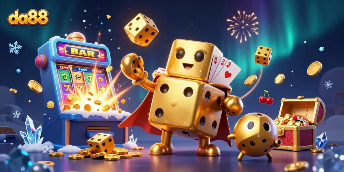 Play exciting casino games with da88 in a vibrant 3D animated scene featuring golden dice and slot machines!