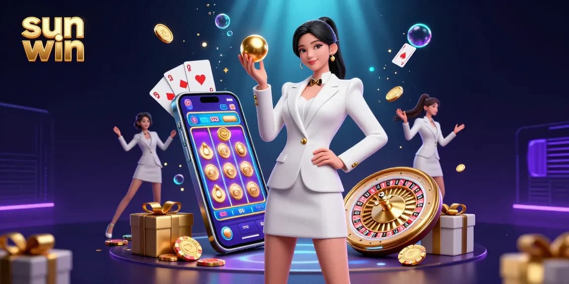 Experience the thrilling world of sun win with a glamorous casino scene featuring golden roulette, vibrant slot games, and a confident player.