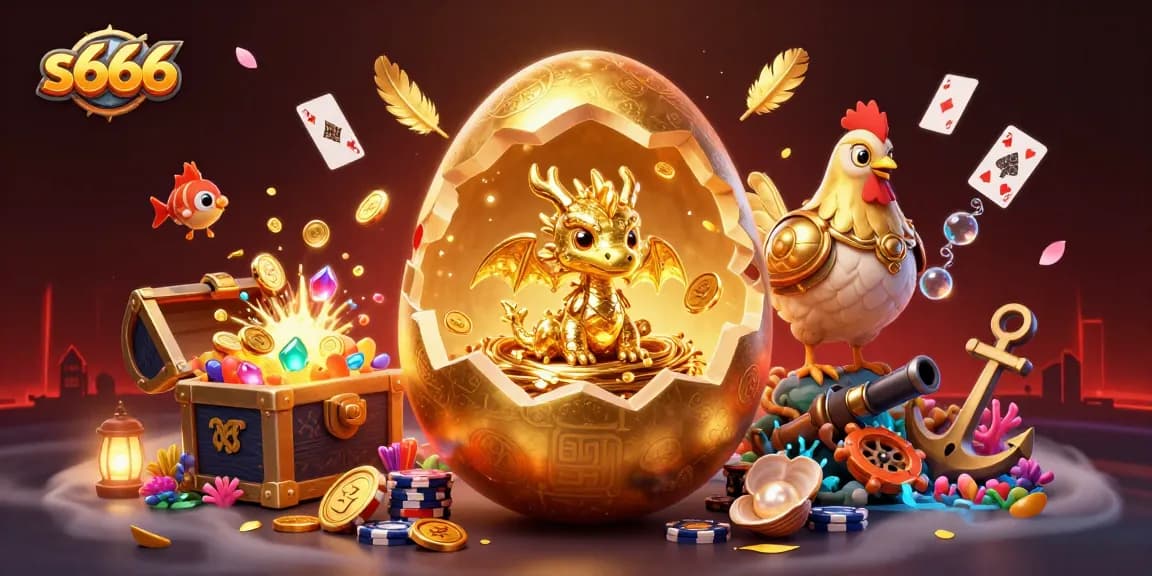 Experience thrilling gaming action at S666 with a golden dragon sitting on poker chips surrounded by treasure.