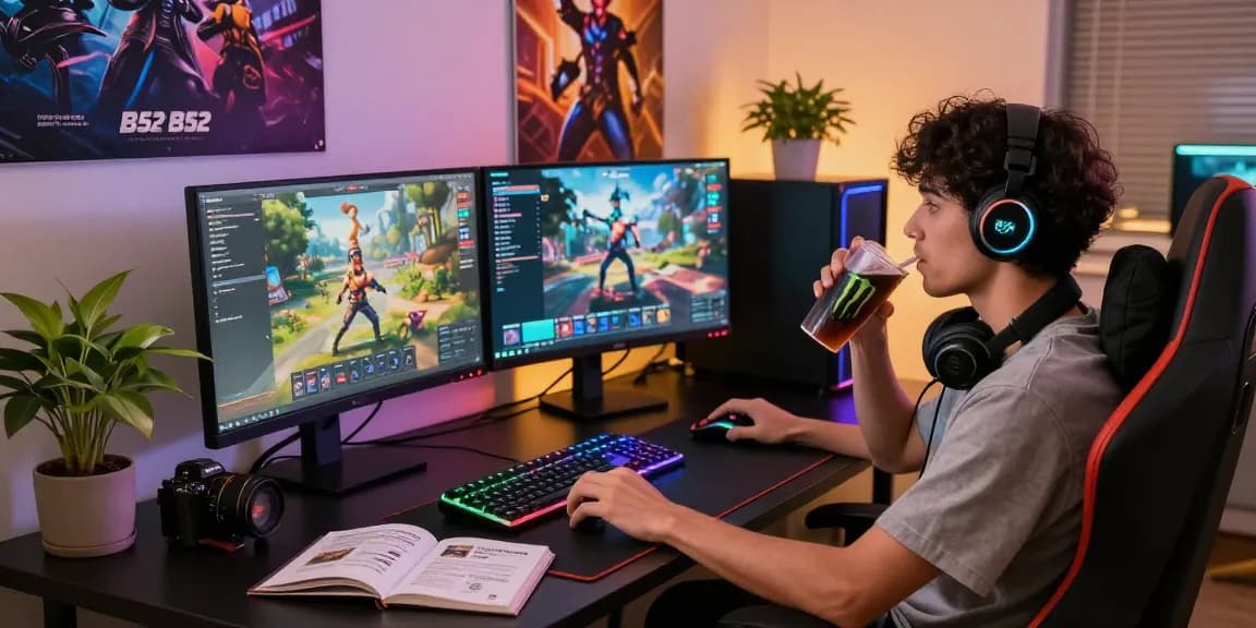 Exciting gaming scene on B52 platform with dual monitors and vibrant RGB setup