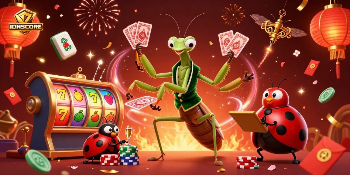 IDNSCORE's dazzling slot game scene featuring a card sharp and a pit boss celebrating with vibrant elements.