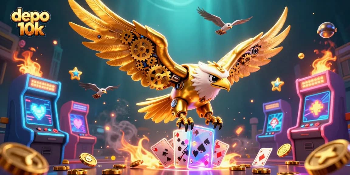 Experience thrilling games with depo 10k, highlighted by golden eagle diving through holographic cards.