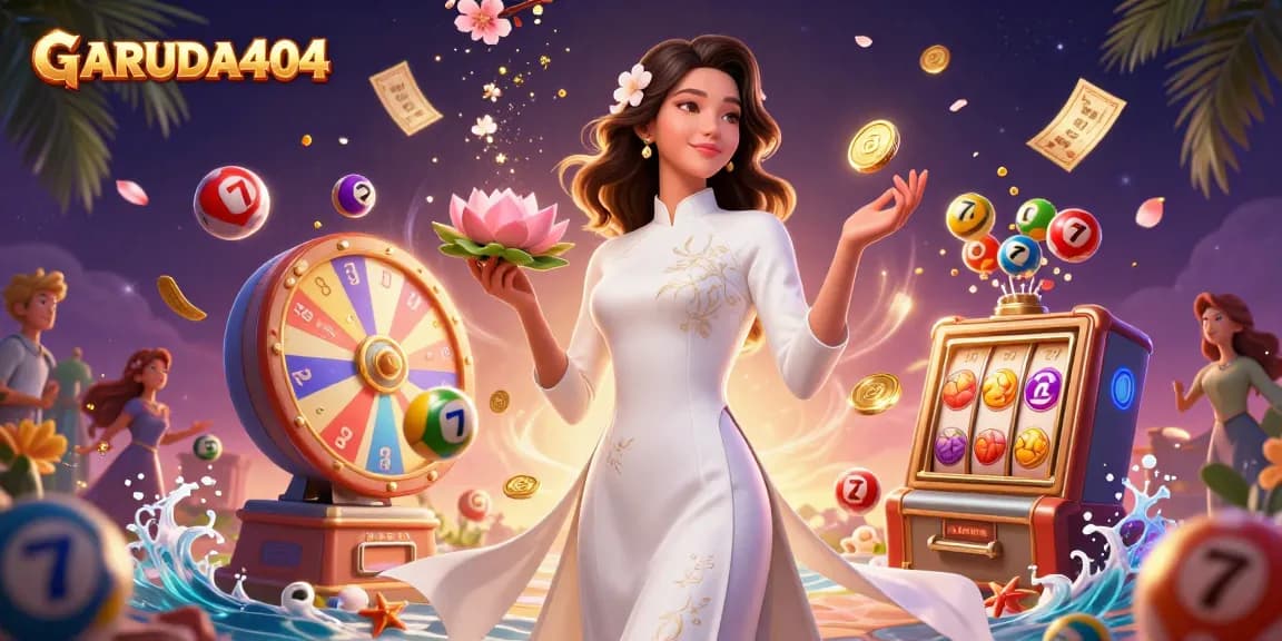Experience the thrill at GARUDA404 with vibrant slot reels, colorful lottery elements, and festive celebrations.