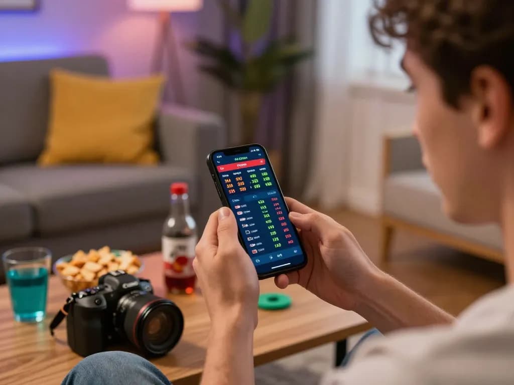 Kèo nhà cái hôm nay shown on smartphone while enjoying sports betting in a cozy living room setting.