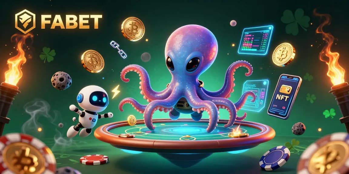 FABET features a vibrant 3D alien octopus managing a futuristic poker scene with cryptocurrency elements.