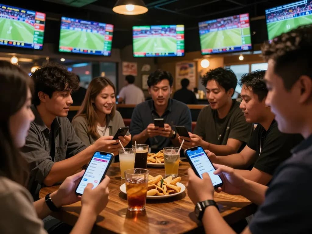 Engaging patrons placing bets on the keobongda app at a lively sports bar during live events.