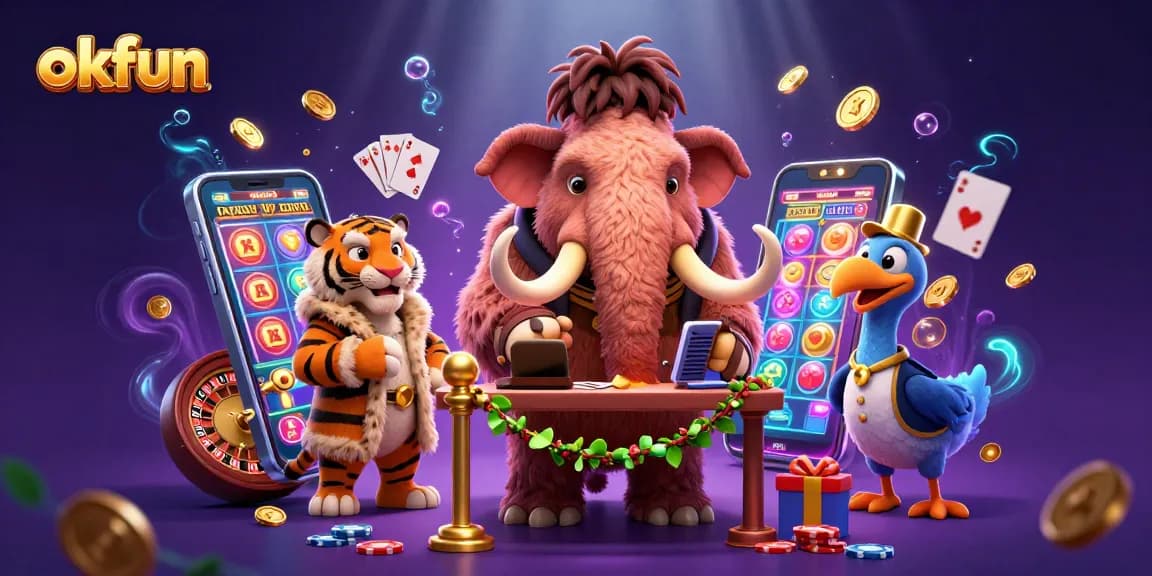 Engage with okfun's vibrant casino experience featuring a woolly mammoth checking IDs at the door.