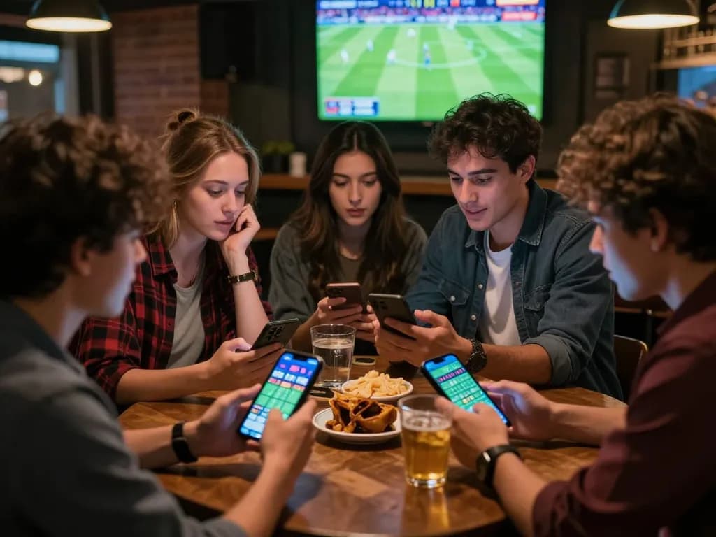 Friends checking kèo nhà cái odds while watching football, capturing excitement of live sports betting