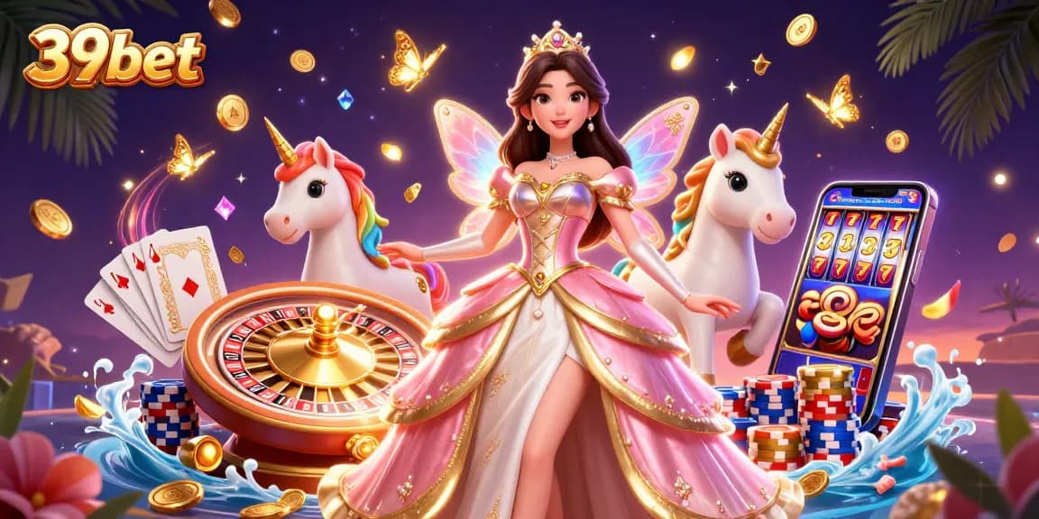 Engage with the vibrant world of 39bet featuring a glamorous Asian princess and a golden unicorn celebrating casino games with shimmering coins.