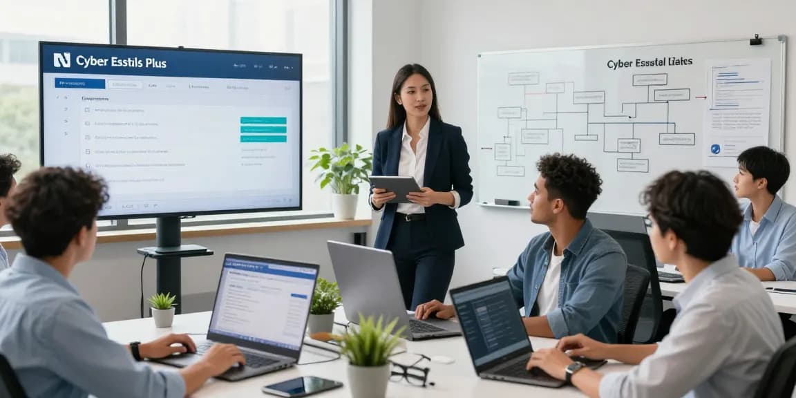 Cyber Essentials Plus certification review in a modern office with a diverse IT team analyzing security metrics and collaboration.