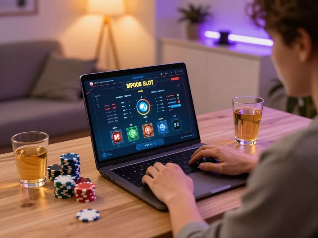 MPO08 SLOT gameplay on a laptop in a cozy home setting, showcasing focused online gaming activity