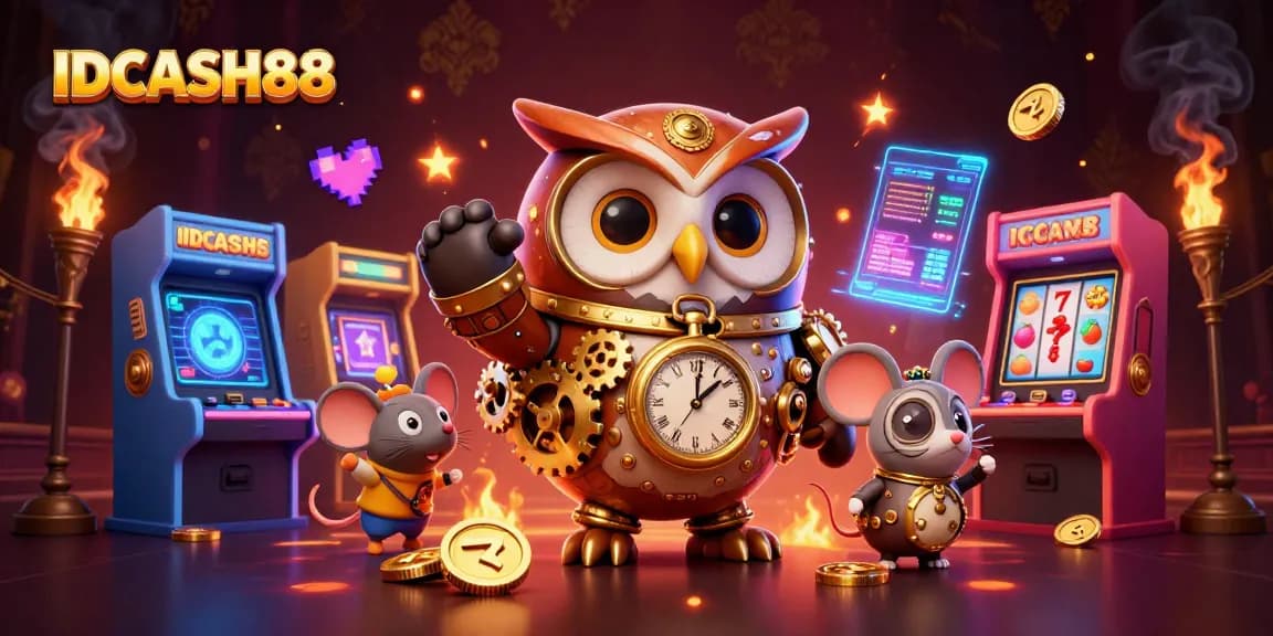 Engage in thrilling slot action with IDCASH88's 3D cartoon casino scene featuring vibrant game elements.