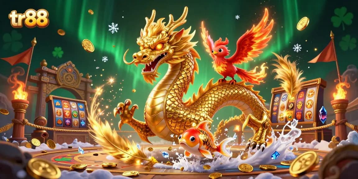 Experience thrilling gaming at tr88, featuring a dragon, phoenix, and koi fish amidst dynamic casino elements.