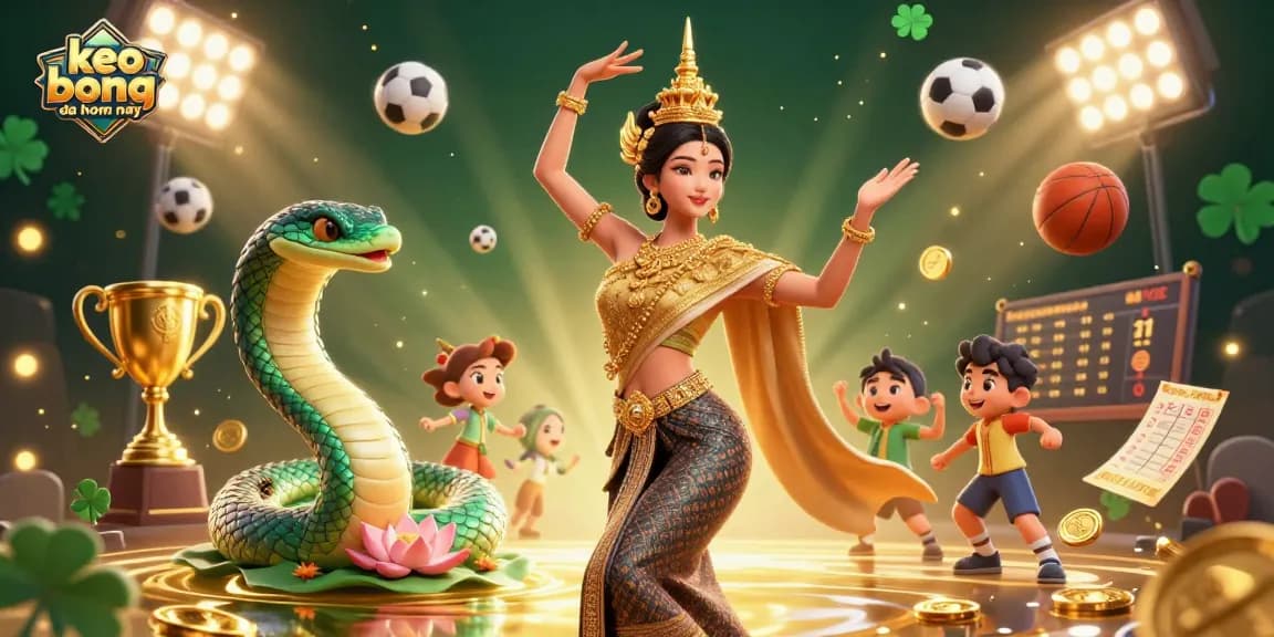 Experience the excitement of keo bong da hom nay with vibrant 3D digital art showcasing sports elements and a traditional Thai dancer.