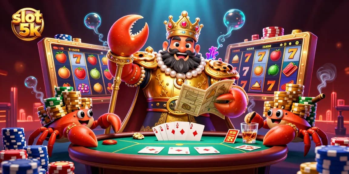 Engage with slot 5k action as a golden crab emperor oversees vibrant reels and poker chips.