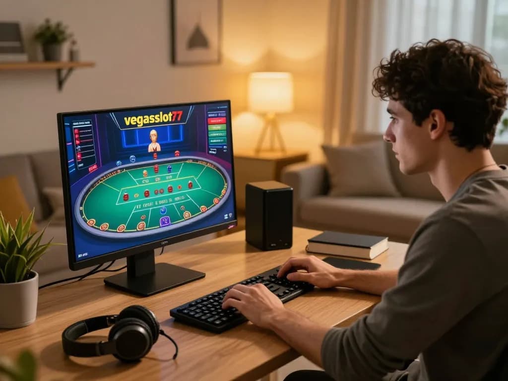 Engaged player strategizing in vibrant blackjack game on vegasslot77 online platform in modern home.