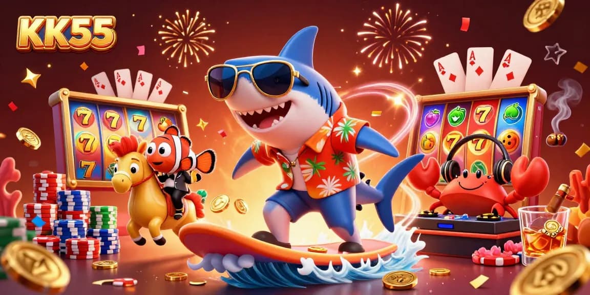 Engage with KK55 as the shark and friends celebrate a jackpot amidst vibrant casino elements.