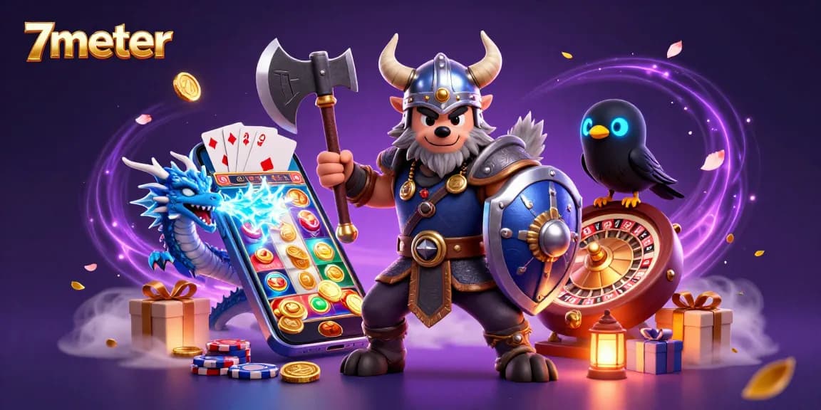 Engage with thrilling casino action at 7meter featuring a Viking warrior, dragon, and gaming elements.