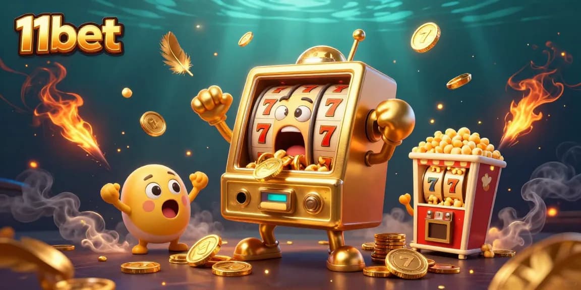 Experience the excitement of 11bet with a golden slot machine winning a jackpot amidst a vibrant casino atmosphere.