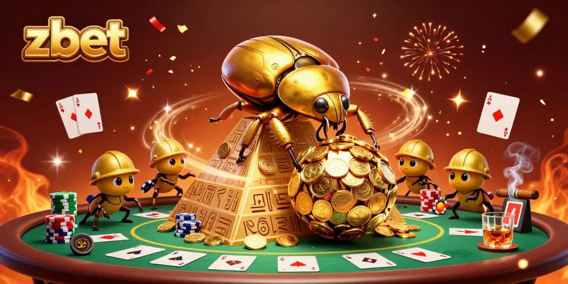 Witness zbet's vibrant casino scene with golden beetles and poker elements in action.