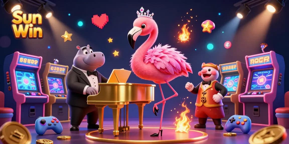 Win big at Sun Win with a vibrant 3D casino scene featuring colorful games and lively characters.