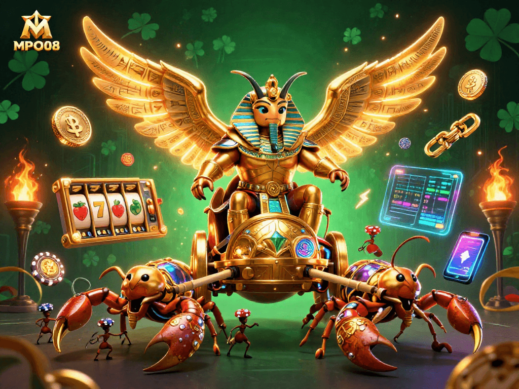 MPO08 showcases an engaging slot gaming scene featuring a colossal golden scarab beetle, scorpions, and poker chips.