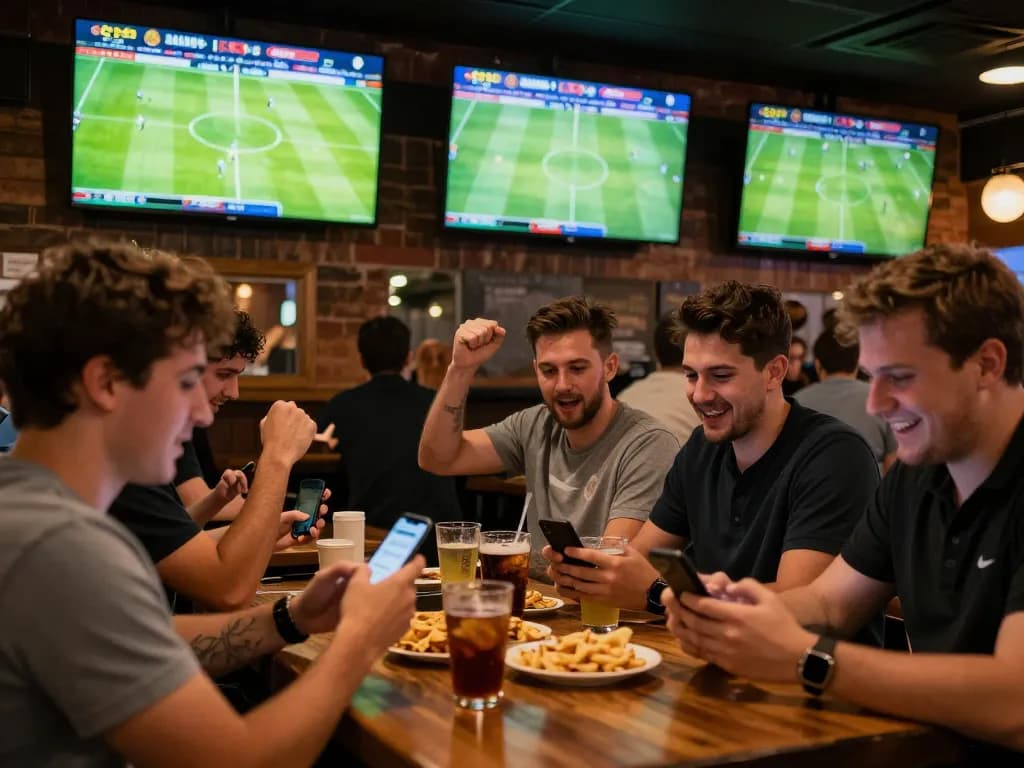 Bet on Keo nha cai 5 with excitement in a sports bar, fans celebrating soccer goals and placing bets.