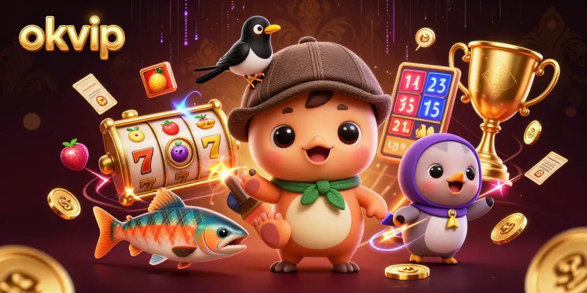 Engage with okvip in a vibrant 3D casino scene featuring playful characters and dynamic slot elements.