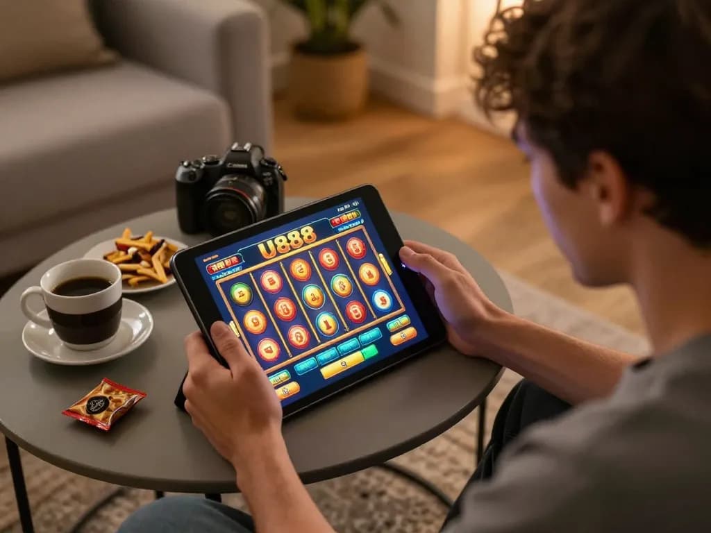 Player engaging with U888 slot machine game on tablet, showcasing exciting gameplay and comfort at home.