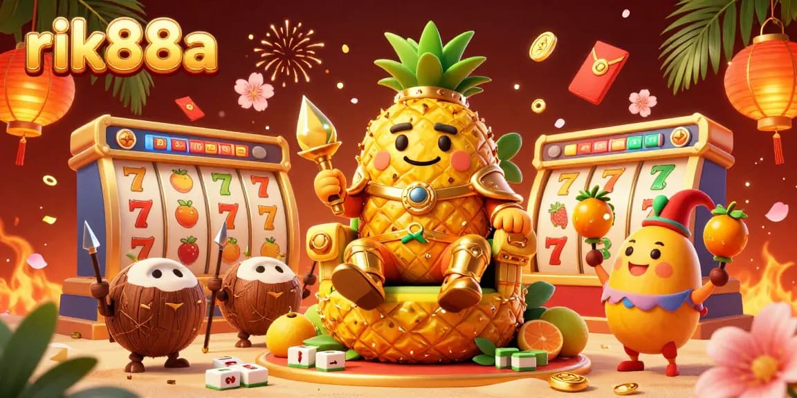 Experience the vibrant world of rik88a with a colorful beach casino highlighting the pineapple king and dynamic gambling elements.