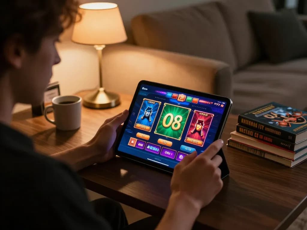 Player engaging with the O8 online casino app on a tablet in a cozy home setting