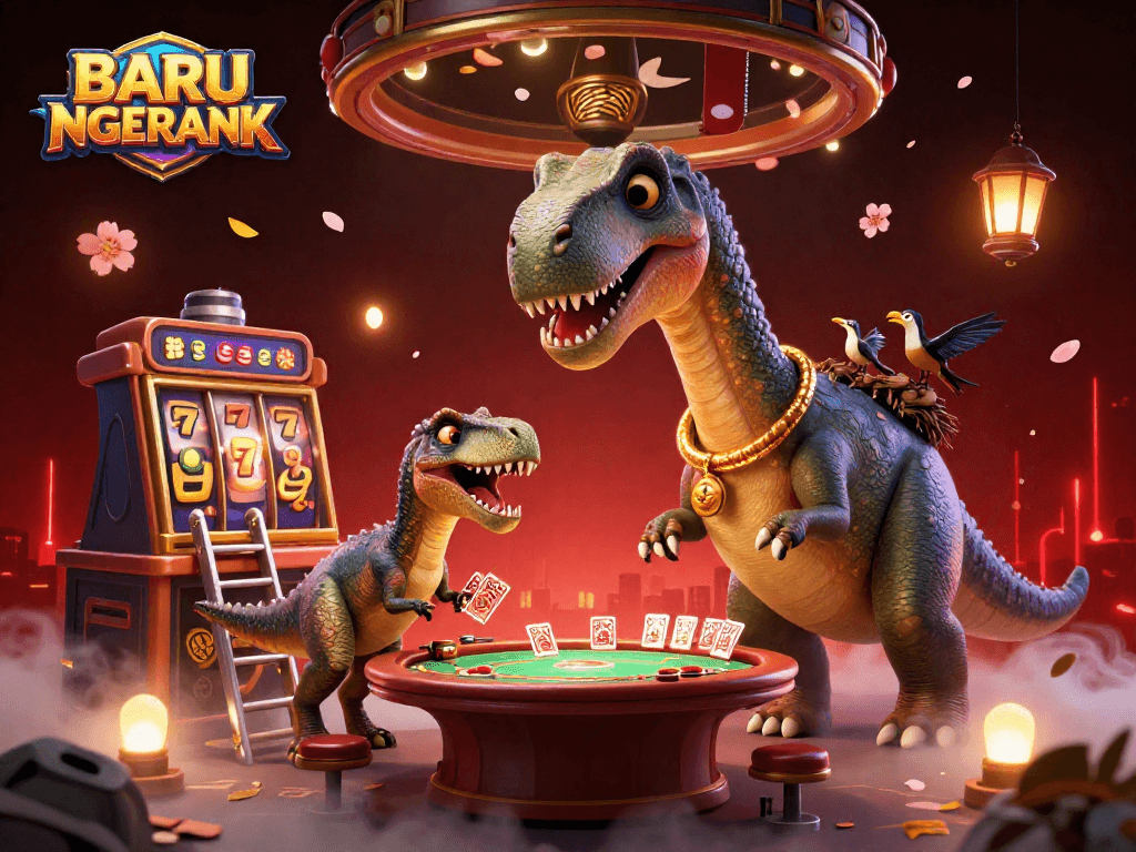 Experience the excitement of BARU NGERANK featuring dynamic slot reels amidst a fantastical casino scene.