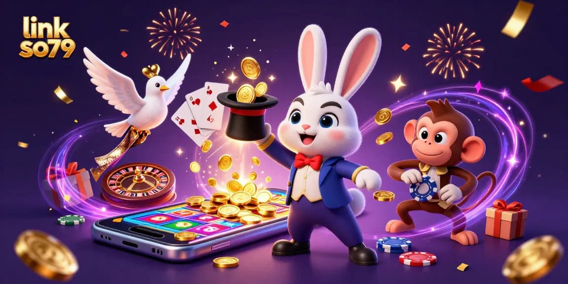 Engage in excitement with link so79 as a magician rabbit reveals golden coins and poker chips in a vibrant casino scene.