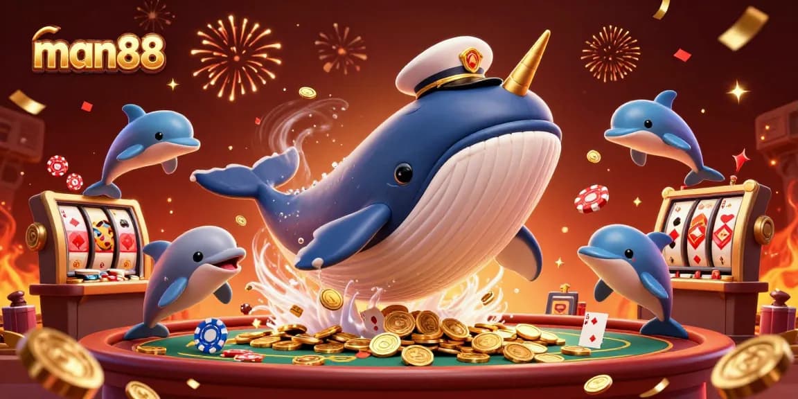 Win big with man88 featuring a playful whale, poker chips, and slot machines in a festive casino atmosphere.