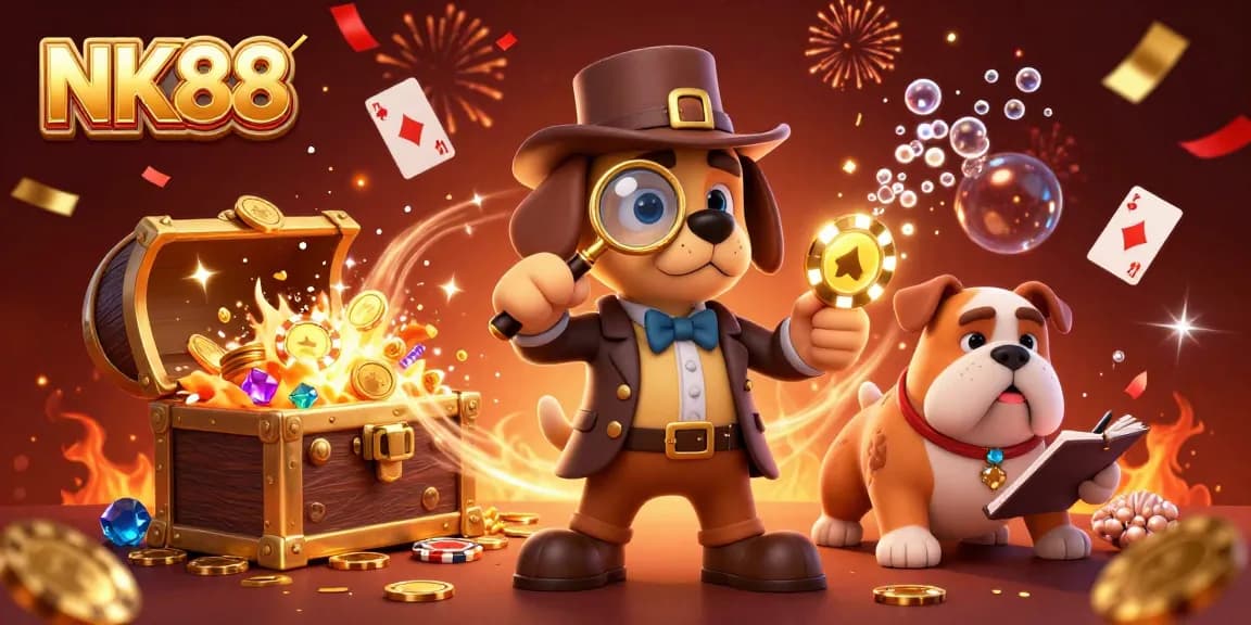 Engage with NK88's vibrant casino adventure featuring detectives uncovering treasure in a colorful game world.