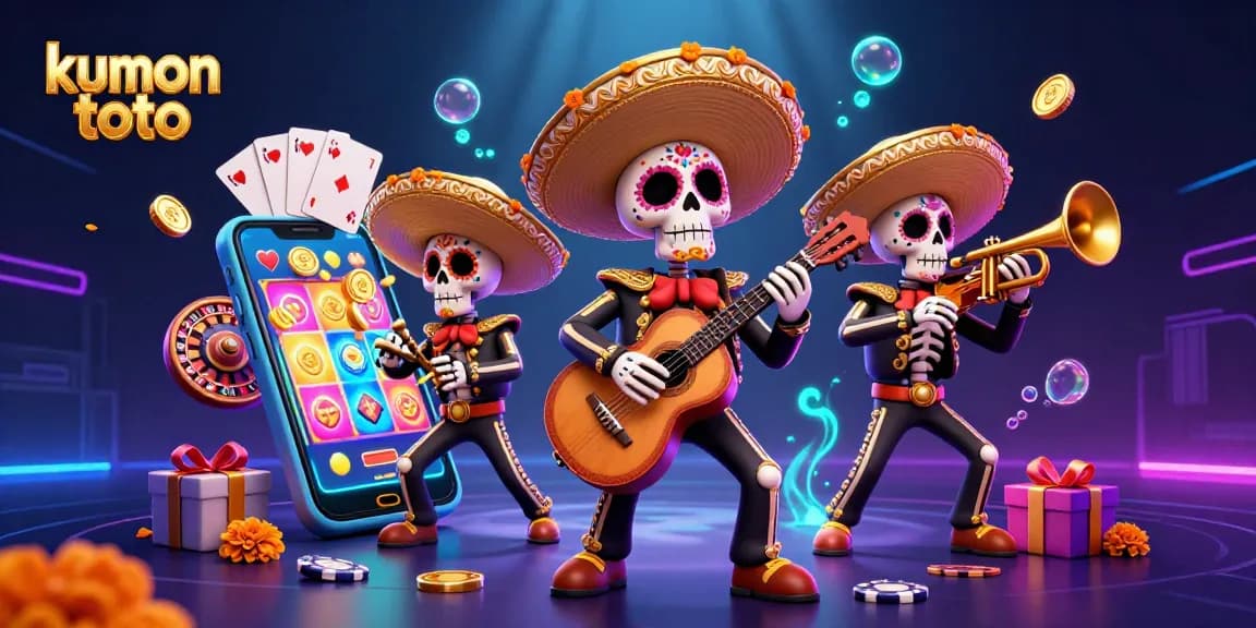 Engage in thrilling play at kumon toto with a vibrant scene of colorful skeleton mariachi and casino elements.
