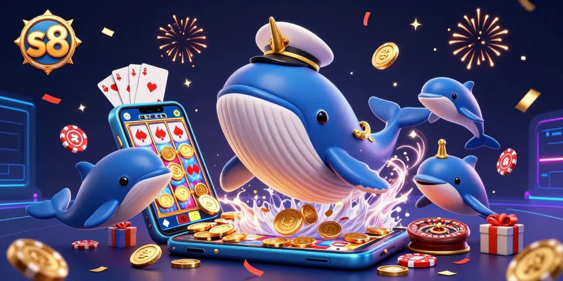 S8 casino scene showcasing a cartoon whale and narwhal with playful dolphins, with vibrant slot games and poker chips.