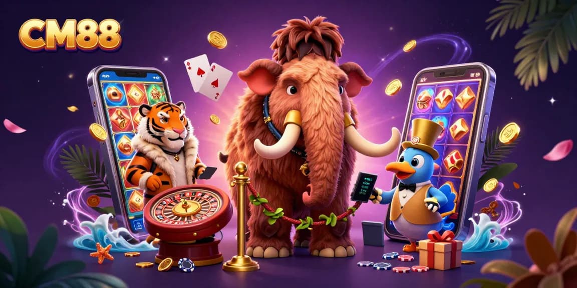 CM88 bouncer checks IDs at a vibrant casino entrance with a saber-tooth tiger and dodo bird, showcasing dynamic gambling elements.