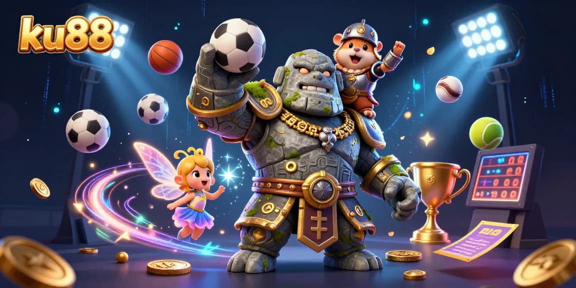 ku88 sports betting scene featuring a golem guardian, hamster knight, and fairy under dynamic lights