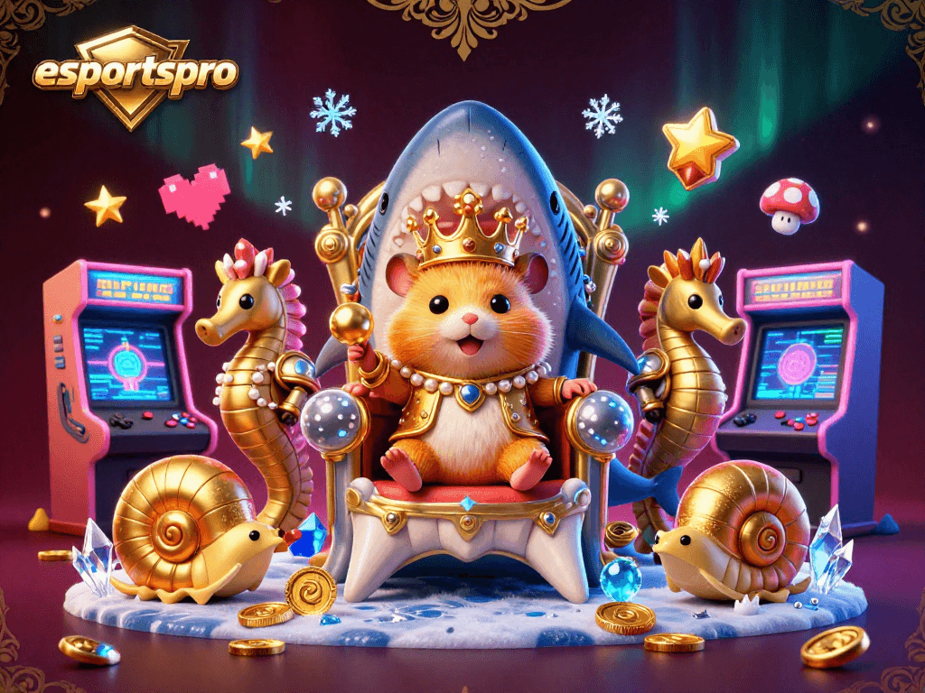 Engage with esportspro through this captivating illustration of a golden hamster king ruling over an arcade-themed casino.