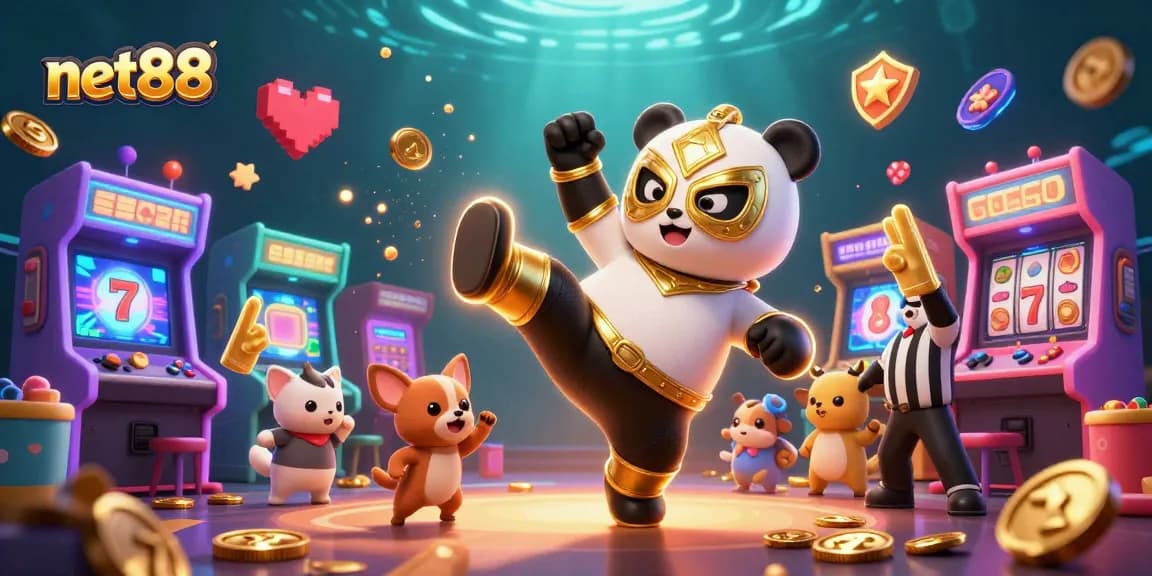 Experience thrilling wins with net88 at this vibrant casino-themed 3D scene featuring a wrestling panda.