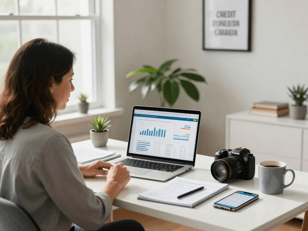 Expert financial advisor consults clients on Credit Consolidation Canada in a cozy home office, with charts and paperwork.