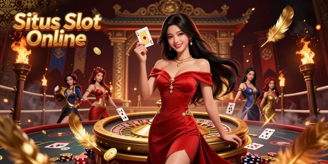 Engage with the Situs Slot Online scene featuring an elegant woman by a roulette wheel, surrounded by vibrant casino elements.