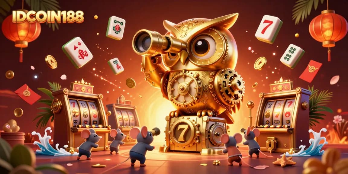 IDCOIN188 reveals a lively casino scene with a golden owl and animated mouse patrons engaging with slots.