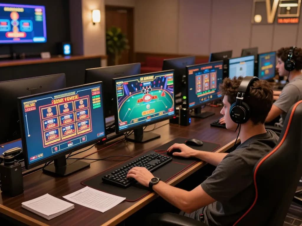 Engaging in strategic gameplay at MPO ID, with multiple screens showcasing online casino games and vibrant graphics.