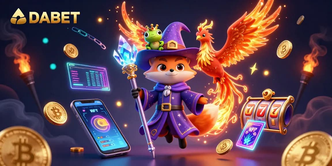 DABET offers an exciting game scene featuring a wizard fox, phoenix, and crypto elements in a vibrant casino illustration.