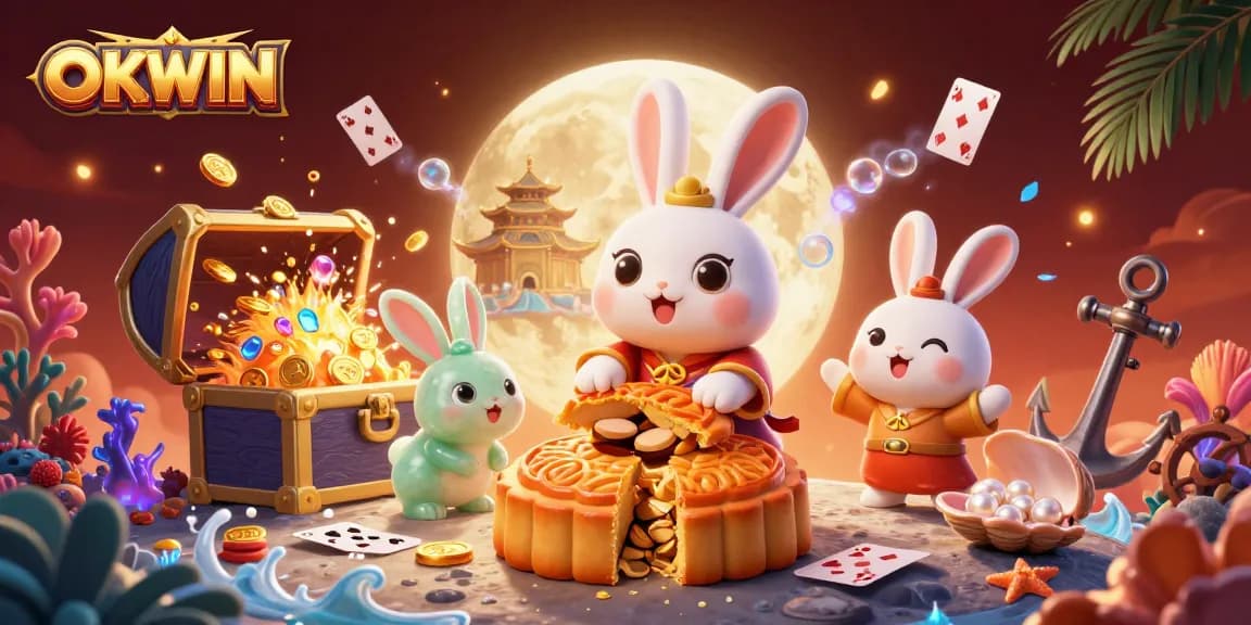 Experience the enchanting world of OKWIN with a moon rabbit and poker chips in a vibrant 3D casino scene.