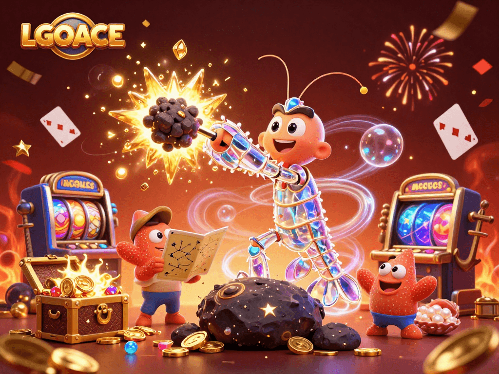 LGOACE brings excitement with a galactic samurai mantis shrimp amidst exploding treasure in this vibrant casino scene.