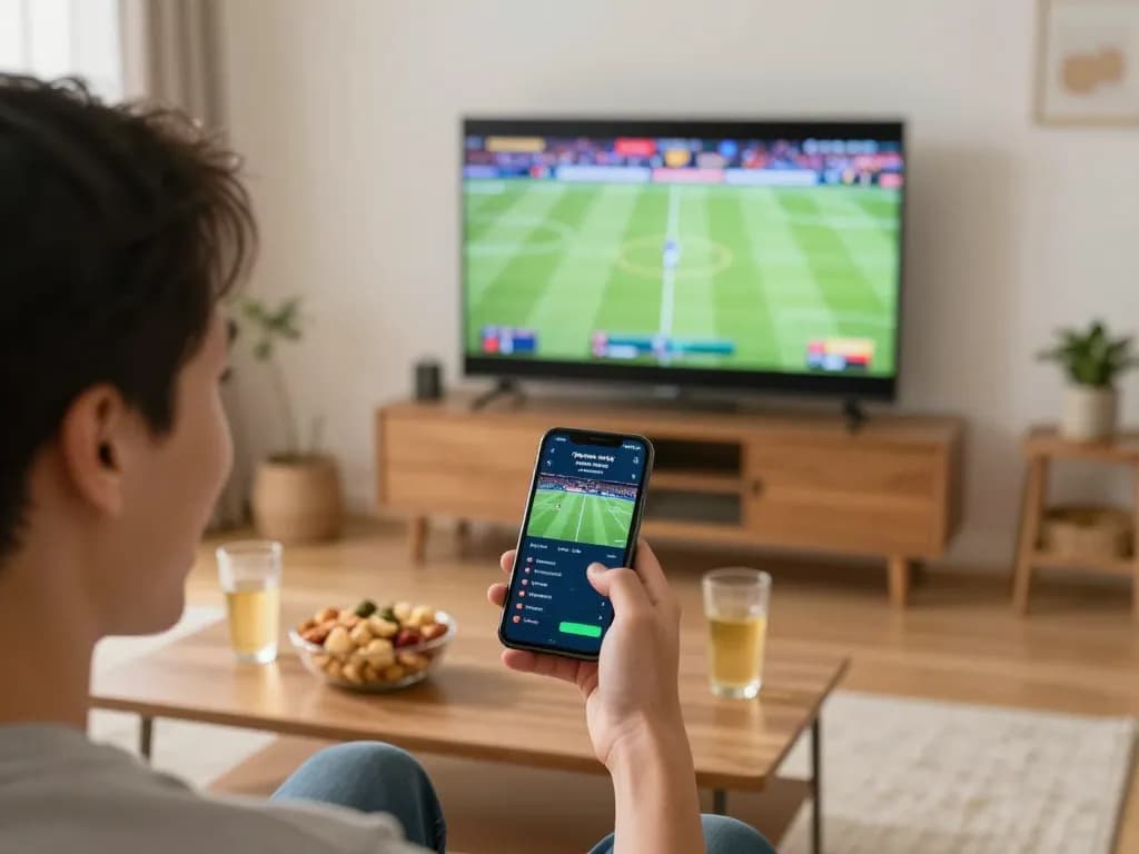 Persona entusiasta che utilizza uno smartphone per scommettere su bookmaker non AAMS a casa