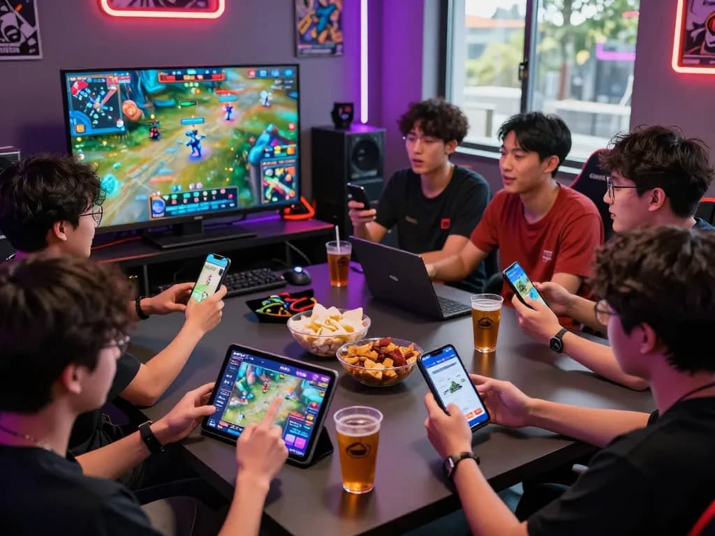 Young adults enjoying mobile games with AUTOWIN88 app in a vibrant gaming atmosphere.
